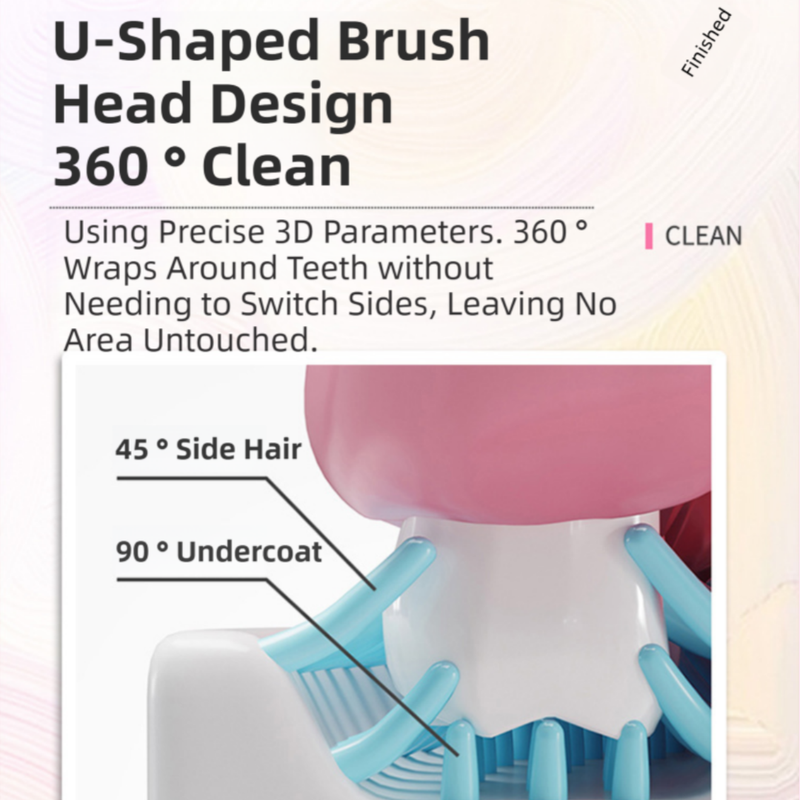 K18 Pink Raccoon 360° U-Shaped Electric Toothbrush Set for Teens/Adults 15 and Up Years Old - Silicone Soft Bristle Oral Cleaner with 6 Modes & 3 Large Brush — image 4
