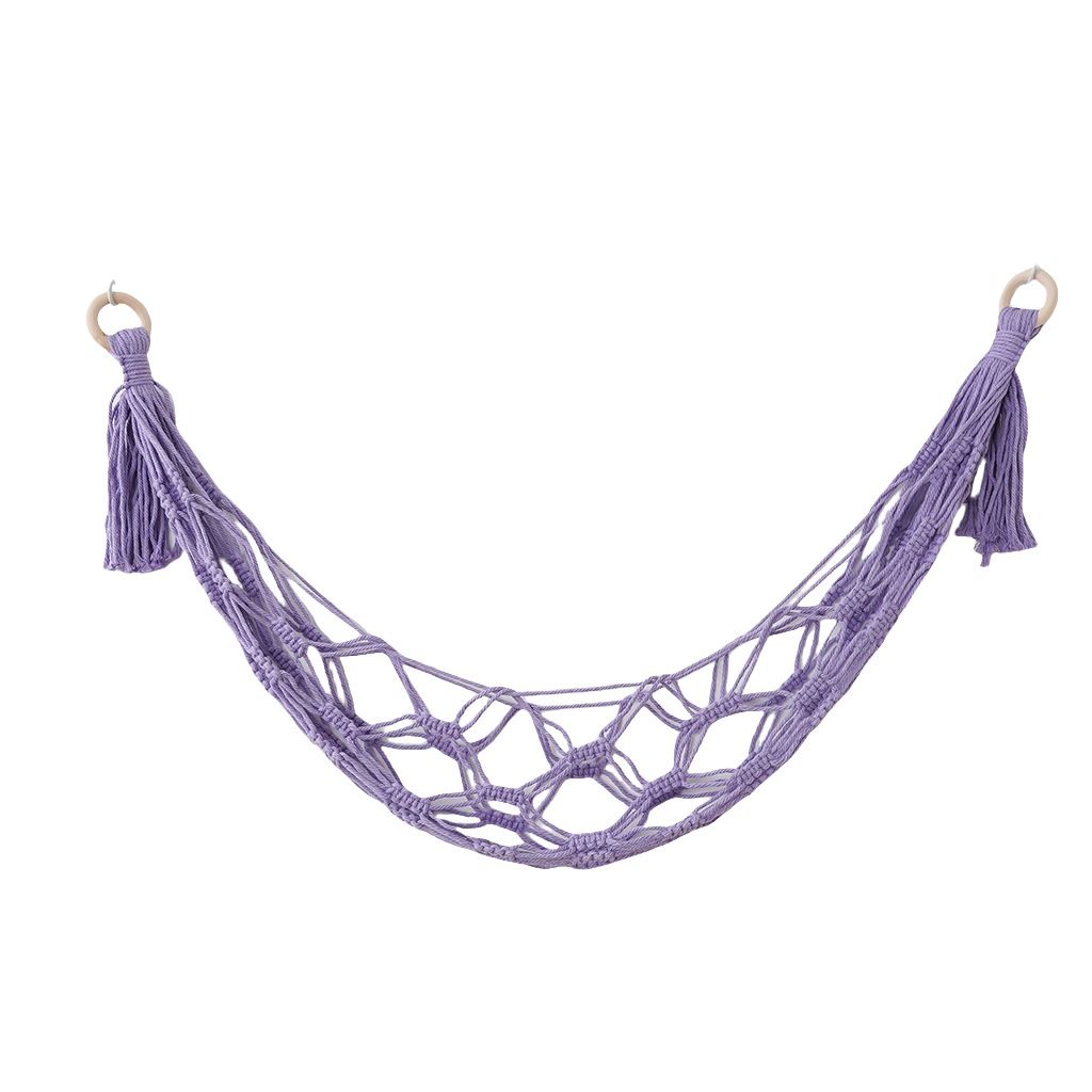 Wall mounted handmade toy hammock storage container filled with animal display plush toy rack Bohemian decoration, suitable for daycare purple