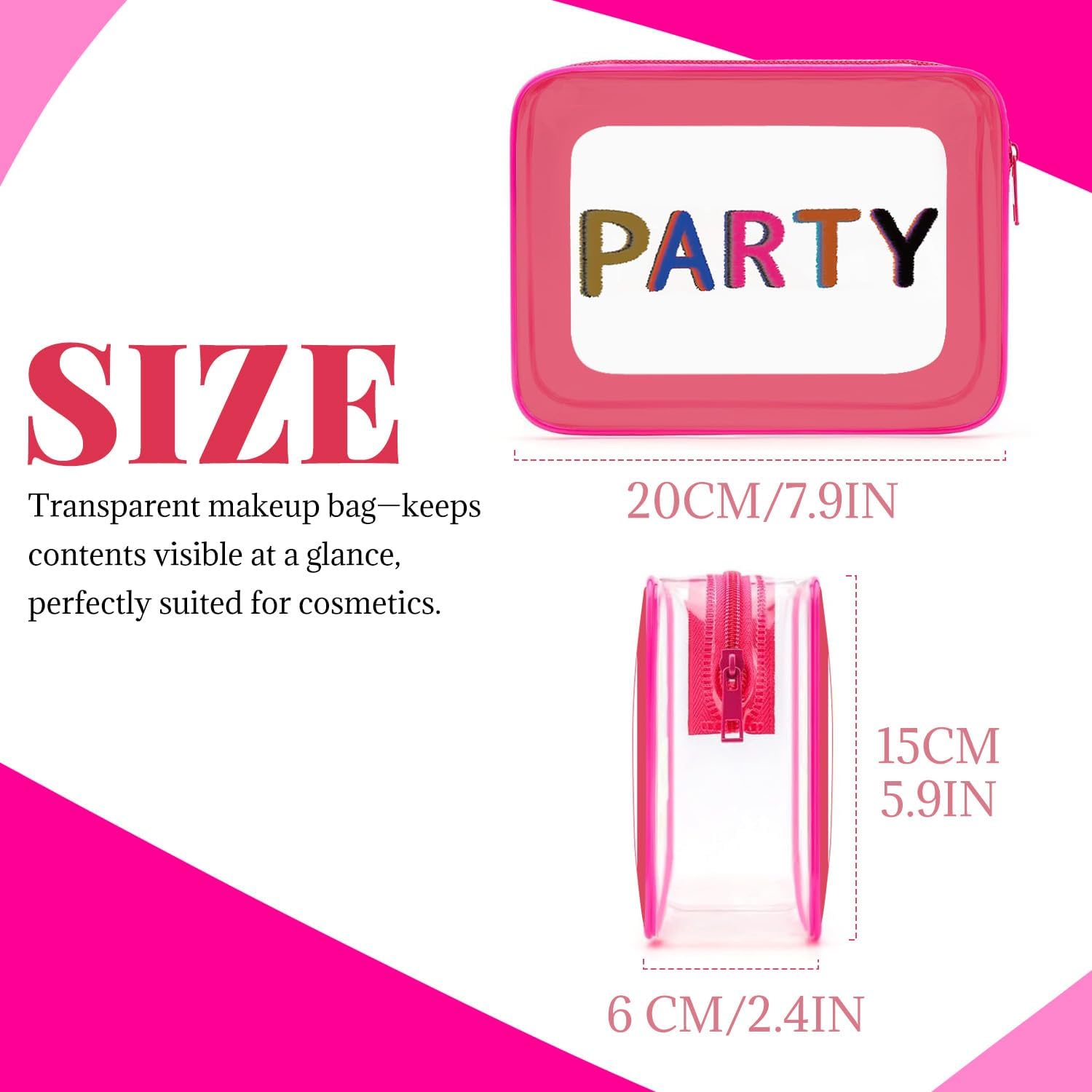 Clear Makeup Bag Travel Toiletry Organizer, Transparent PVC Cosmetic with Zipper, Waterproof Shower Organizer(Party Patterns Pink) — image 2