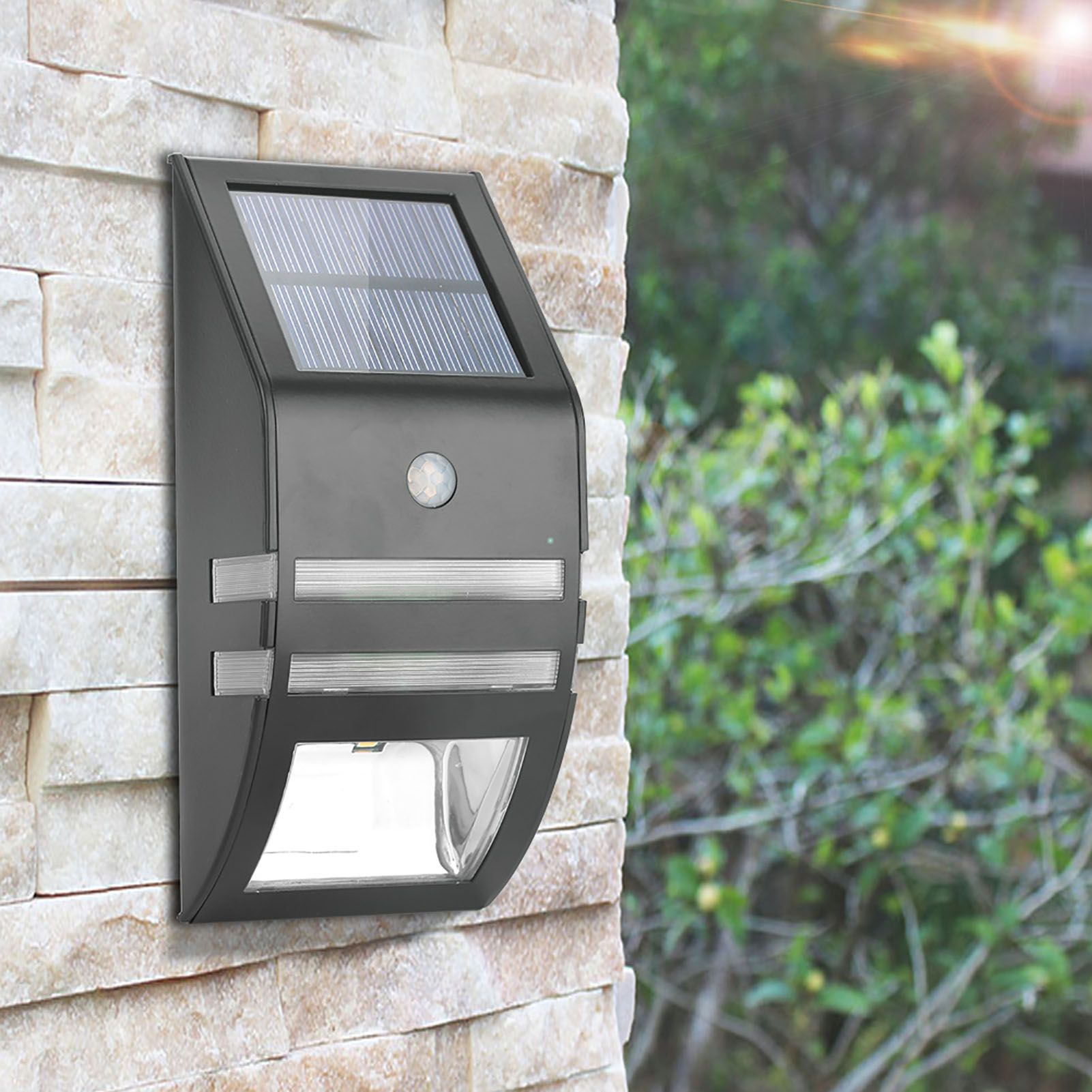 Solar Powered PIR Motion Sensor 2 LED Path Wall Light Garden Security Lamps Black Warm White — image 2