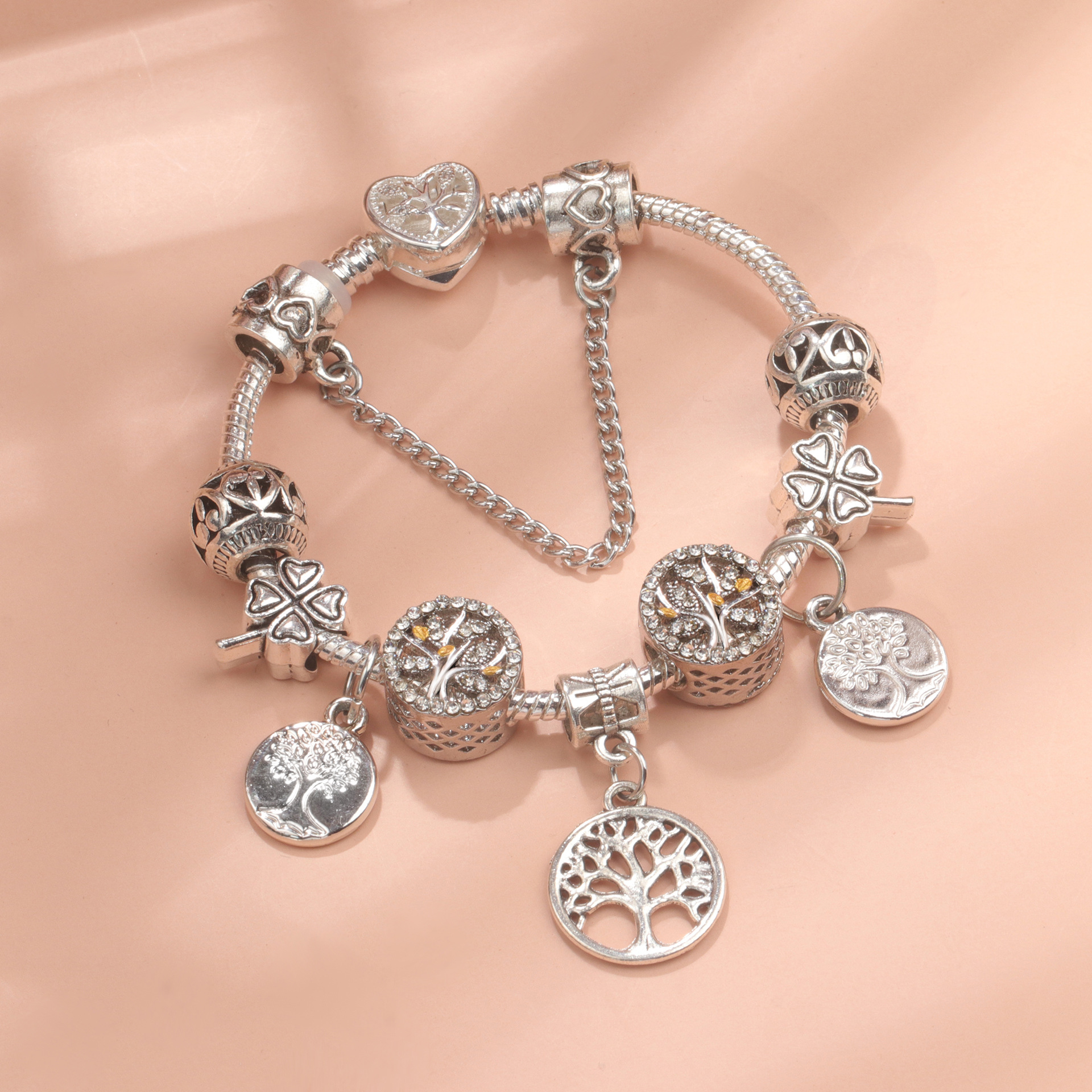 Vintage Silver Tree of Life CZ Four - Leaf Clover Charm Bead DIY Bracelet, Retro Style(17cm) โ image 6