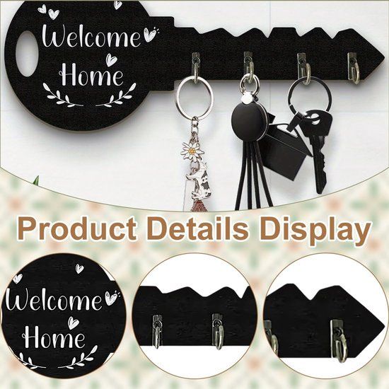 4-Hook Key-Shaped MDF Wall Key Rack, Black Welcome Home Coat and Bag Organizer, 29.5 x 12 cm β image 3