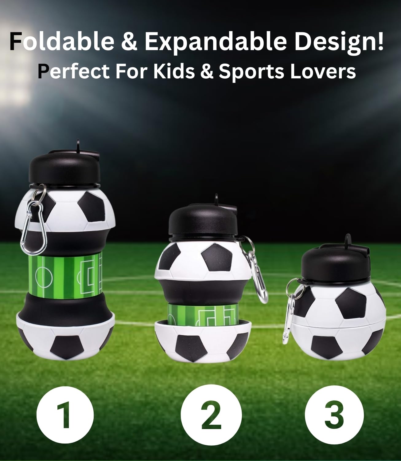 Foldable Soccer Water Bottle for Kids – 18oz Expandable Silicone Hydration Flask with Leak-Proof Spout & Carabiner Clip, BPA-Free, Ideal for School, Sports — image 5