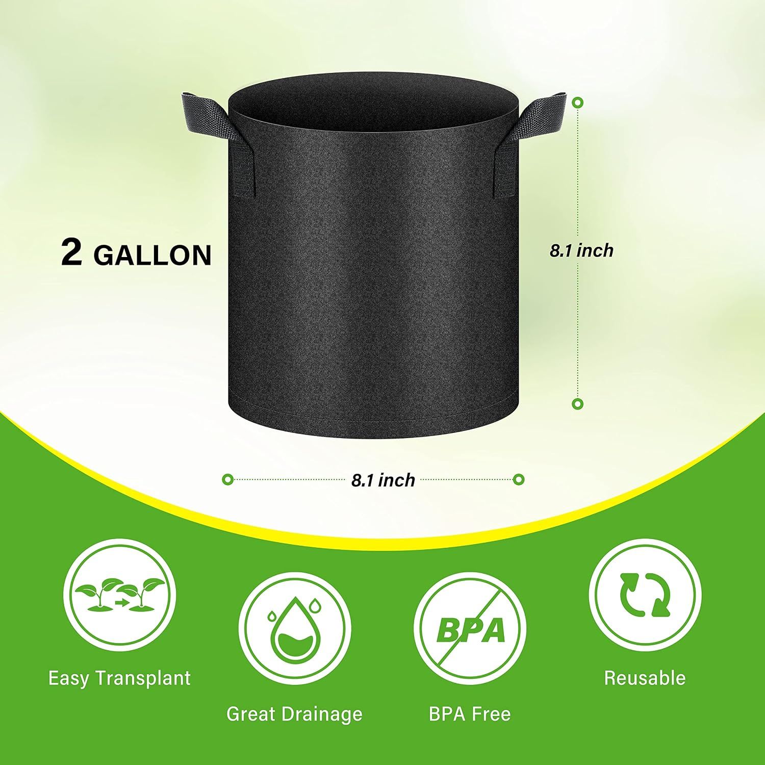 HealSmart 6-Pack 2 Gallon Nonwoven Grow Bags - Aeration Fabric Pots with Handles for Garden Fruits Vegetables Flowers - Black โ image 2