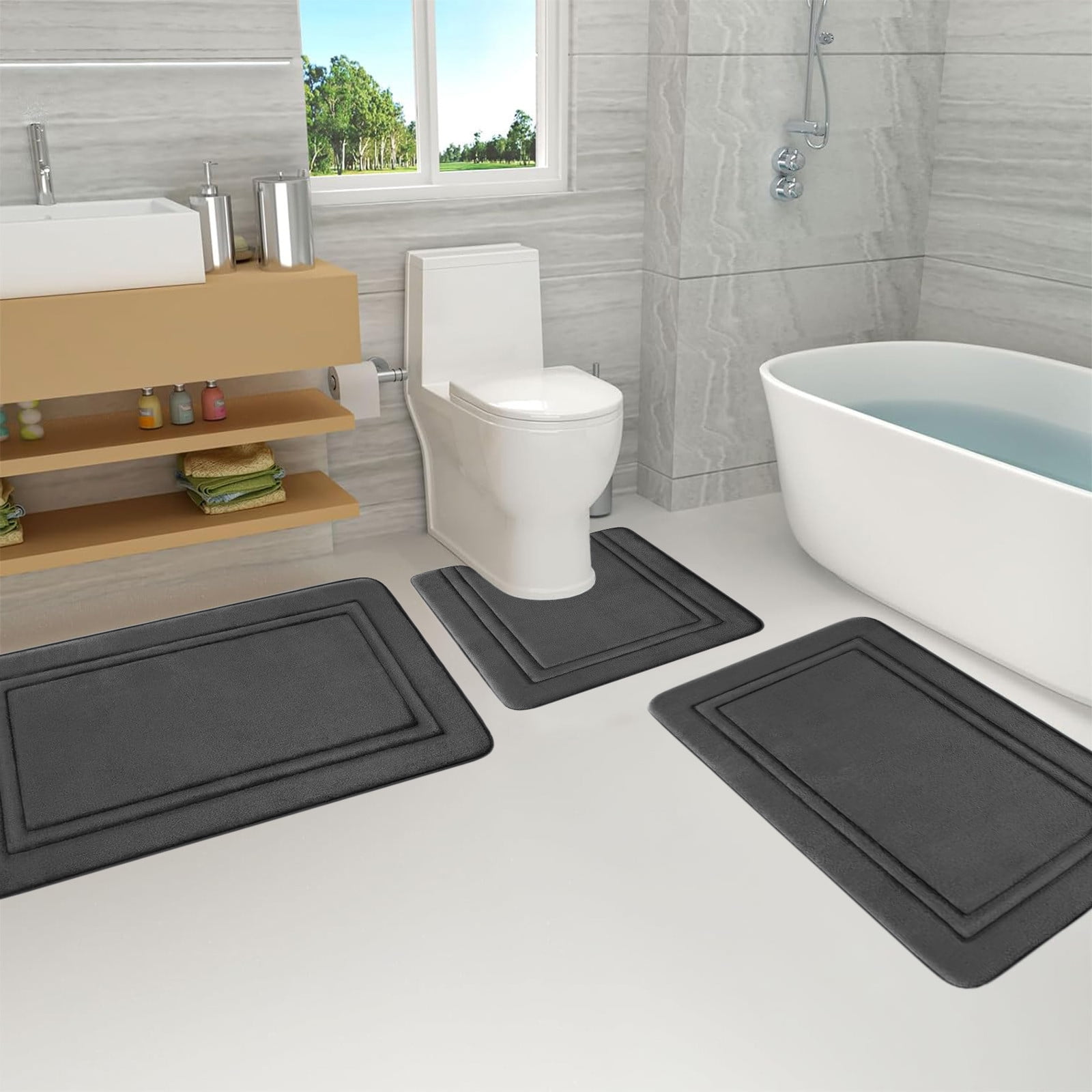 Bathroom Rugs Sets 3 Piece, Bath Mat Universal Soft Comfortable Water Absorption Non Slip Machine Washable Easy Dry Bathroom Mat Gray — image 5