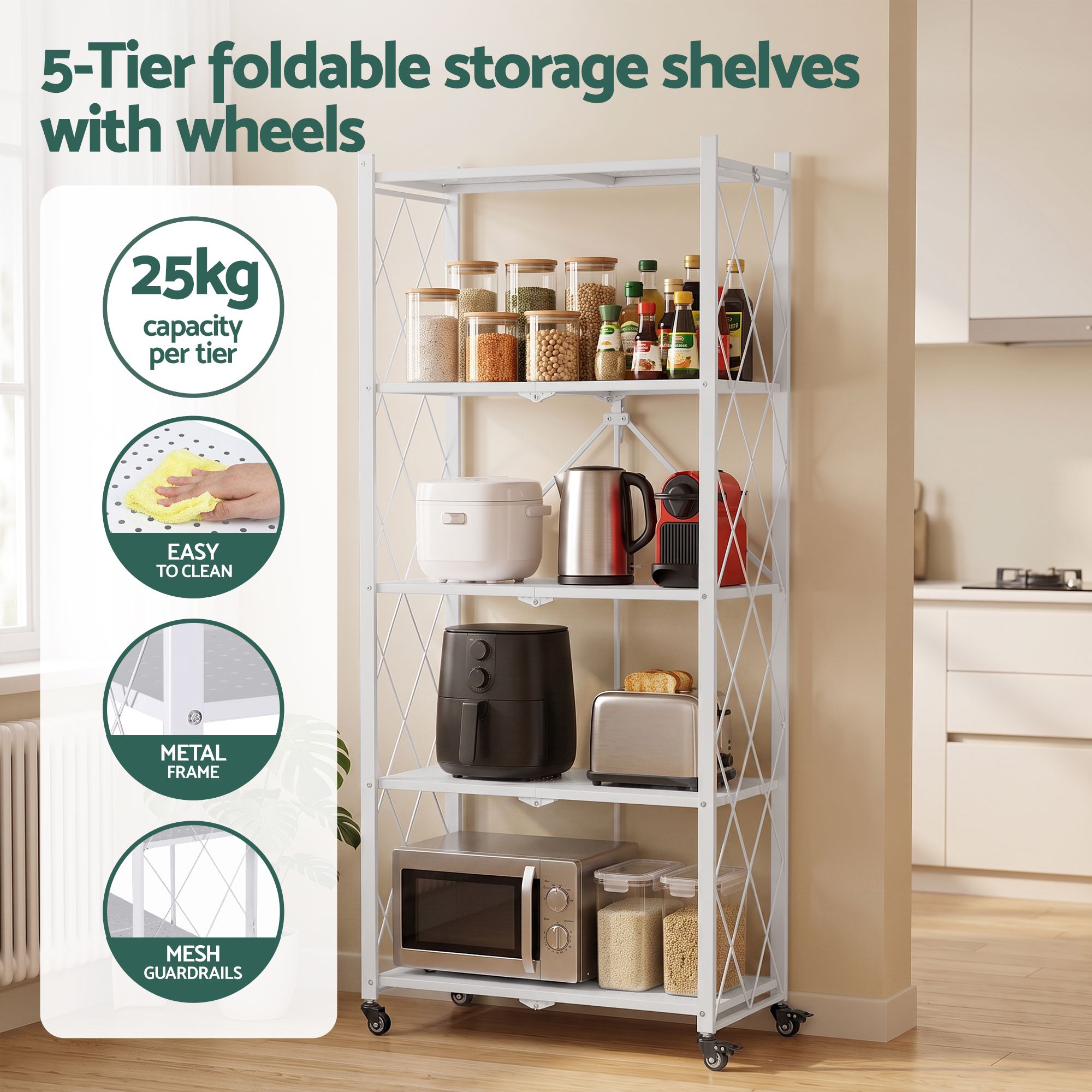 Artiss 5-Tier Foldable Kitchen Bakers Rack 71x160cm Microwave Stand White — image 5