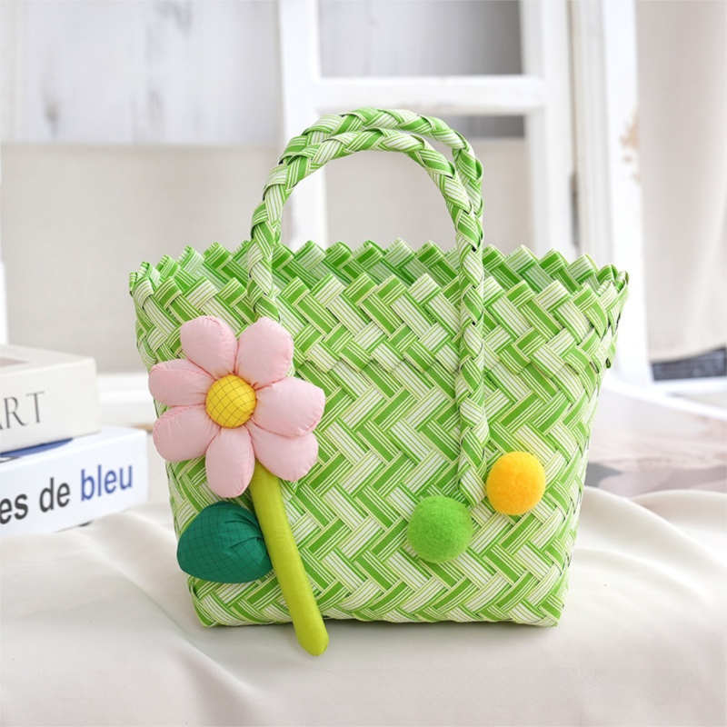 Handwoven Fresh PP Tote Bag with Upright Square Structure & Flower Deco, Durable Mini Spring Picnic Basket and Favour Handbag 16x16x9cm, Green White