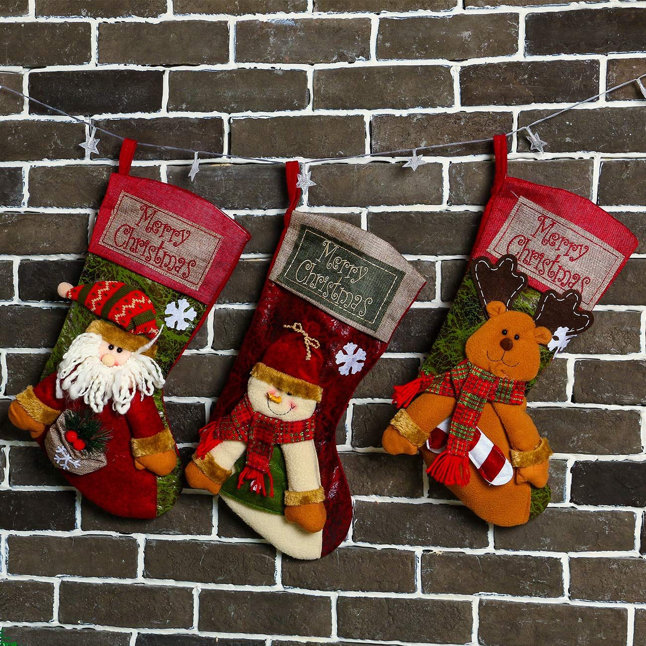 3 PCS 16.5" Christmas Stocking Classic Large Stockings Santa, Snowman, Reindeer Xmas Character for Family Holiday Christmas Party — image 4