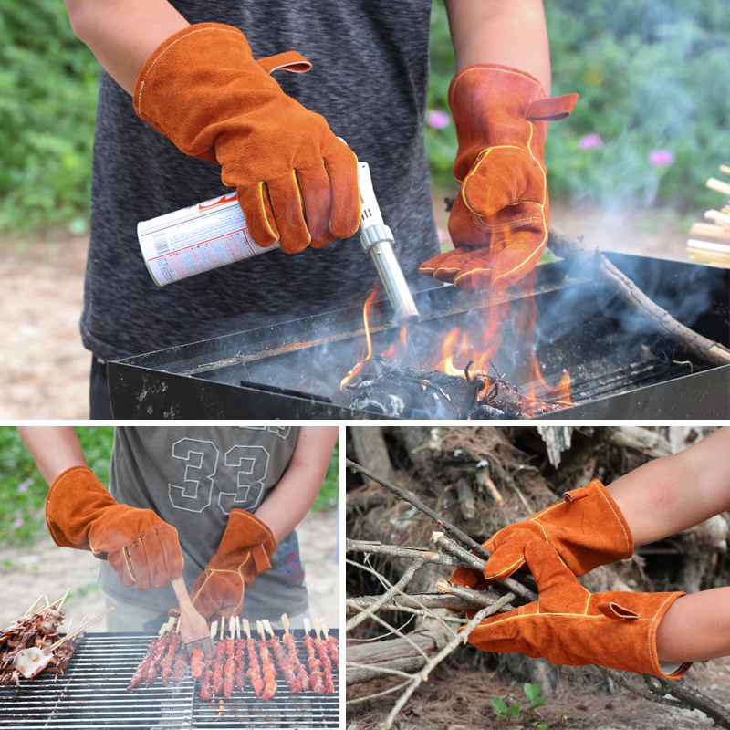 Black-grey 14-Inch Premium Leather BBQ Gloves - Heat-Resistant Up to 500 Degree — image 2