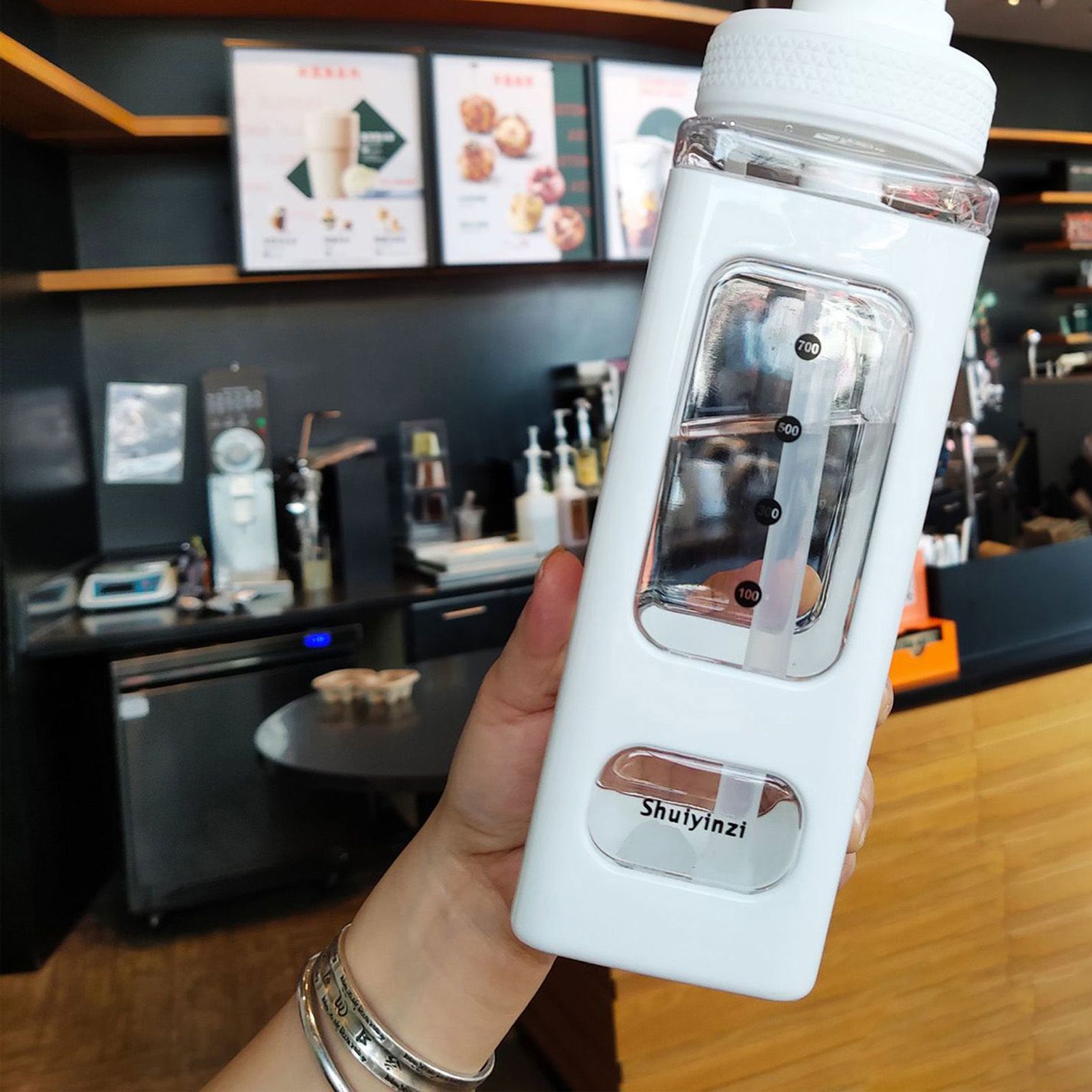 Straw Water Bottle with Marker 700ml Large Capacity Double Layer Water Jug for Home Gym School White — image 3