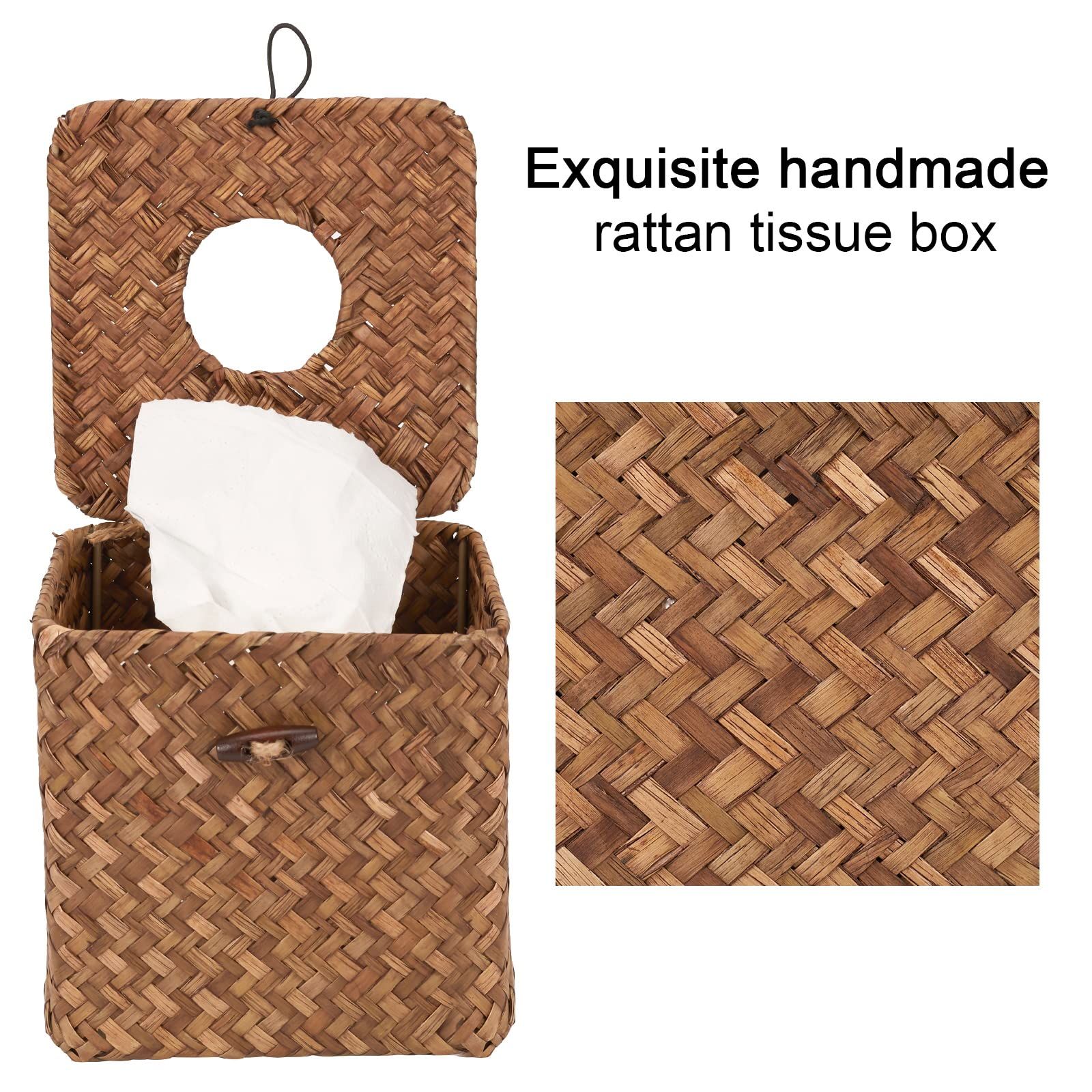 Woven Tissue Box Cover Square,Decorative Tissue Box Holder, Made of Natural Seagrass for Home Office Car Automotive Decoration — image 4