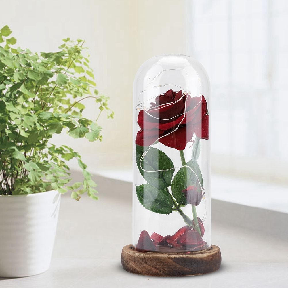Preserved Rose Flower LED Light with Glass Cover Wooden Base Valentines'Day Wedding Gift Red โ image 5