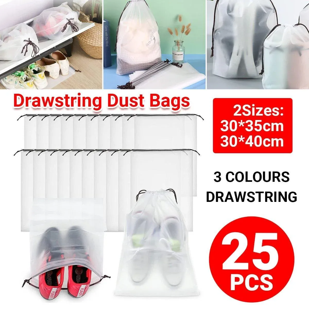 25PCS Portable Travel Shoe Bags Sport Storage Pouch Drawstring Dust Organizer - Black-30*35cm — image 2