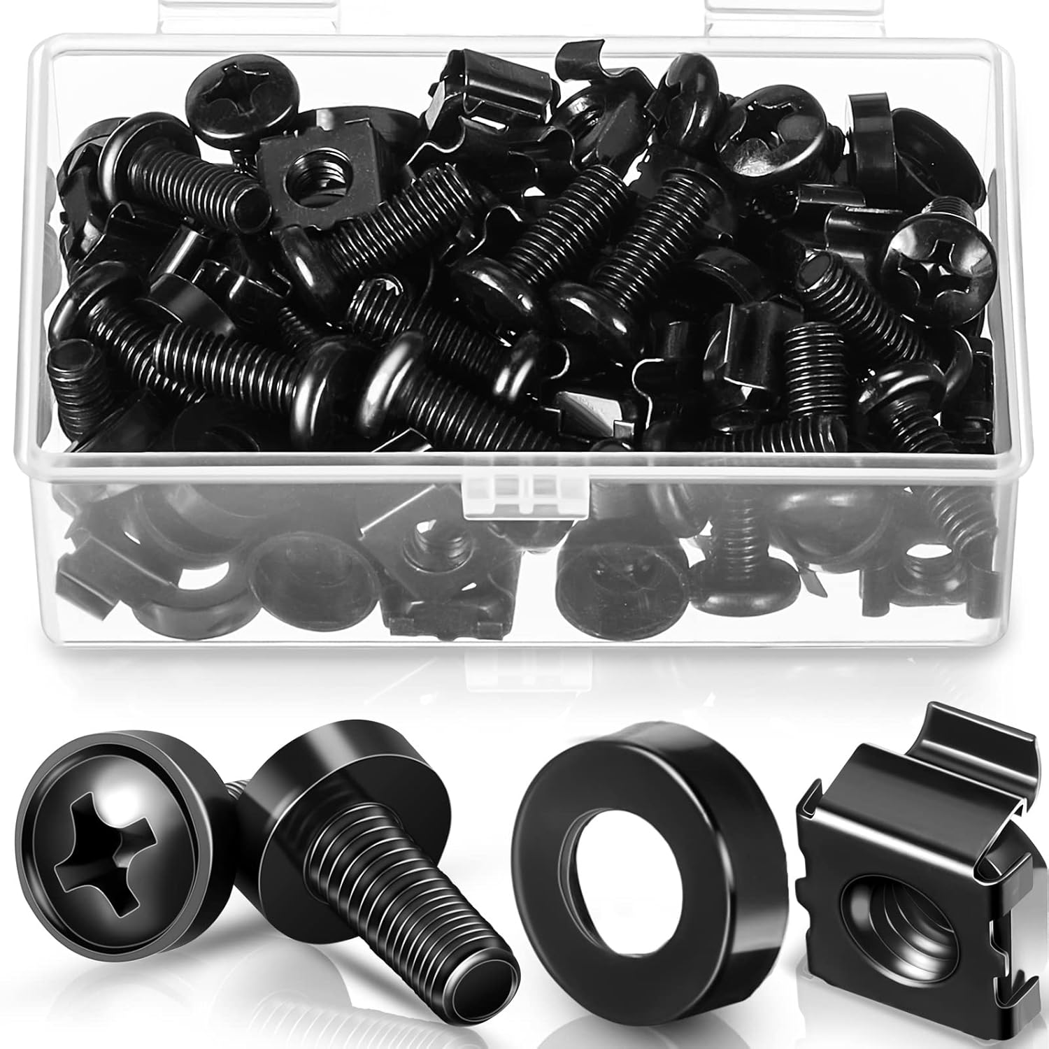 50 Pack M6 x 16 mm Rack Mount Cage Nuts, Screws and Washers Stainless Steel Black Server Rack Screws Square Insert Nuts for Audio Server Console Mounting