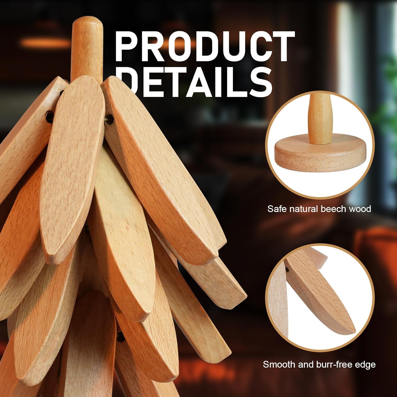 4 Pack Wooden Tree-Shaped Coasters, Interlocking Heat Resistant Drink Mats for Tables, Kitchen Benchtops and Home Decor, Natural — image 3