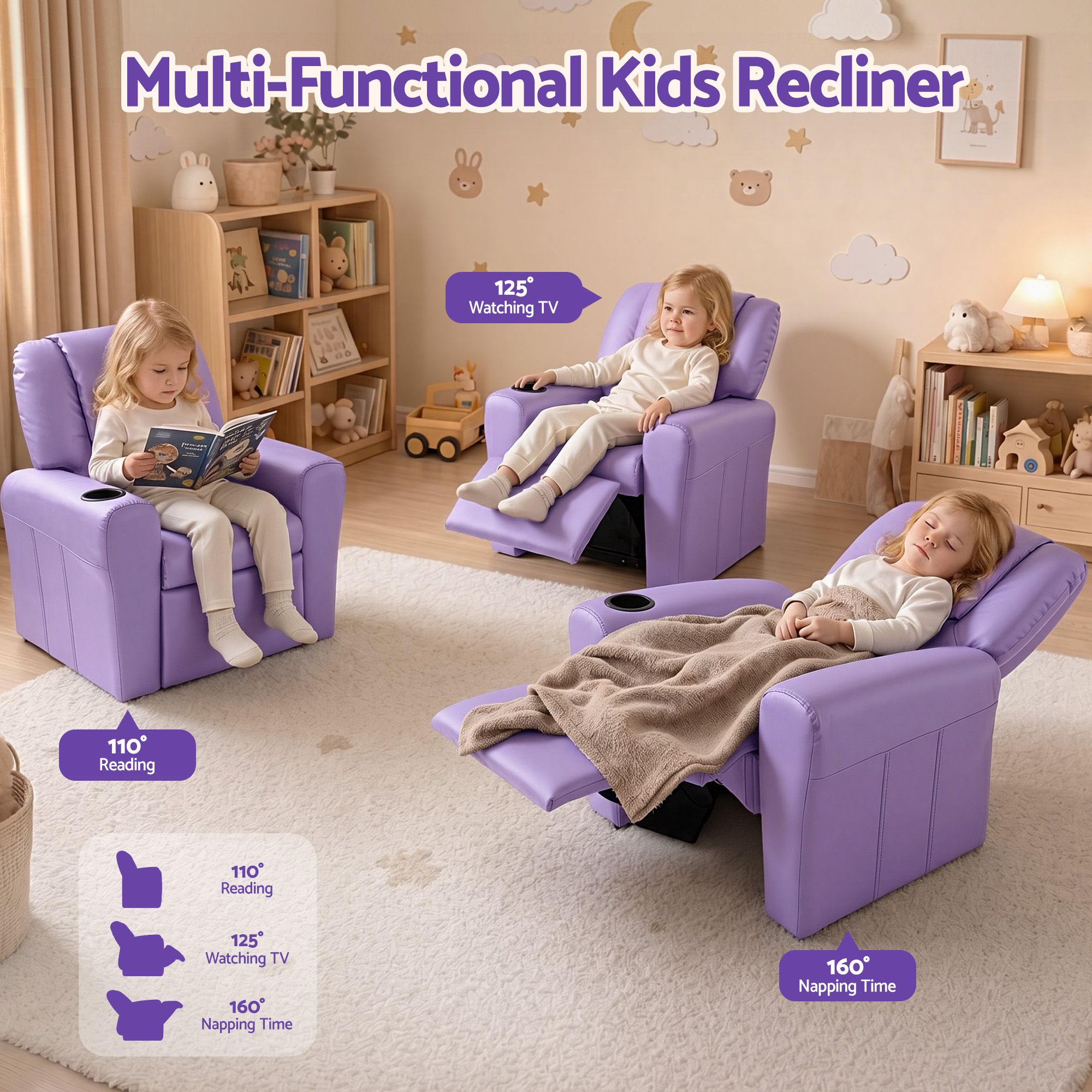 Keezi Kids Recliner Chair PU Leather Sofa Lounge Couch Children Armchair Purple โ image 4