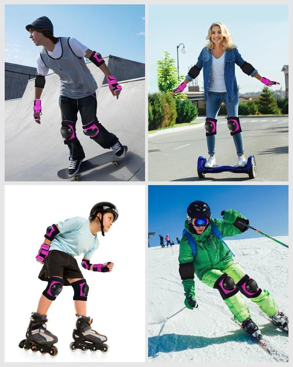 6-in-1 Protective Gear Set Adjustable Knee Elbow Wrist Guards for Roller Skating Skateboarding, One Size, Black — image 3