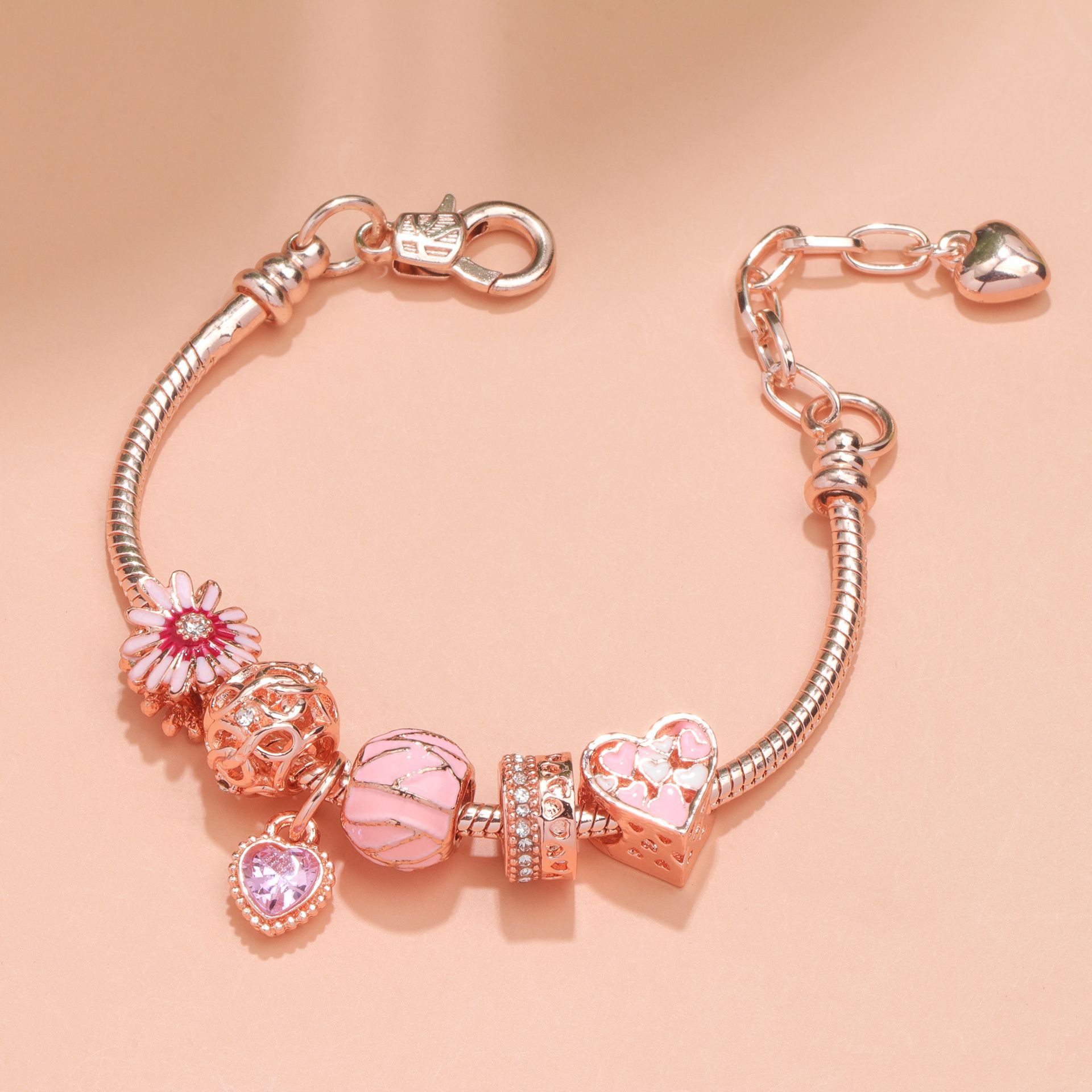 Rhinestone Daisy & Hollow Heart Charm Bracelet - Minimalist Fashion Zinc Alloy Electroplated Jewelry(19cm) — image 4
