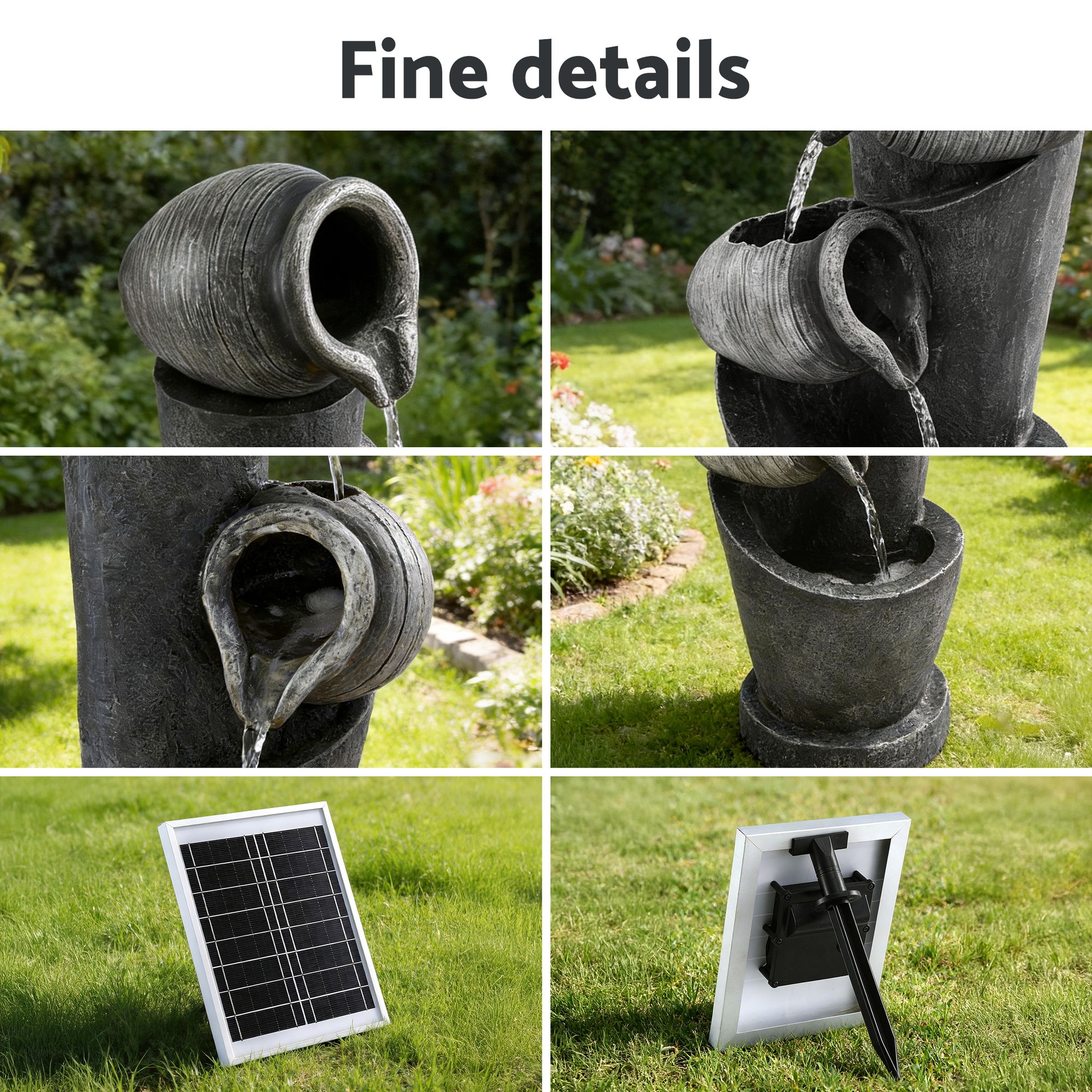 Gardeon Solar Fountain Water Feature Cascading Fountain 3-Tier Pot LED Lights 80CM Grey โ image 6