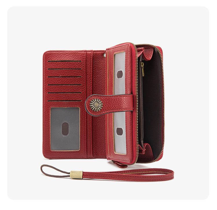 Dark Red Women's Long Zipper Wallet with Wristlet – Multi-Card Slots, Phone Compartment & Coin Pocket (200g) — image 6