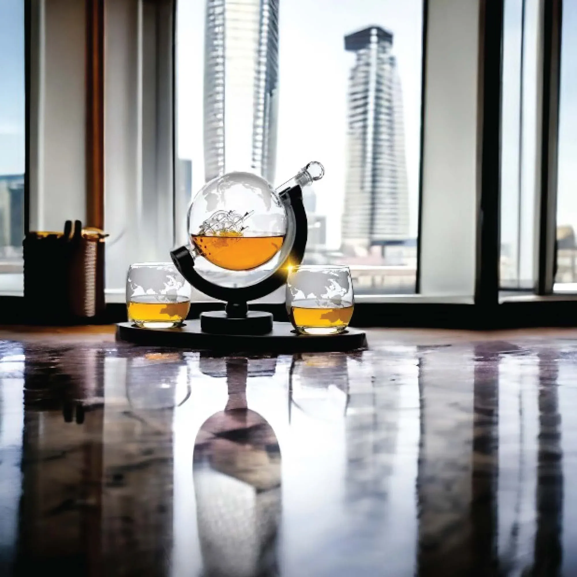 Kitchee 850ml Whiskey or Wine Globe Glass Decanter Set - 2 Glasses + Stand — image 3