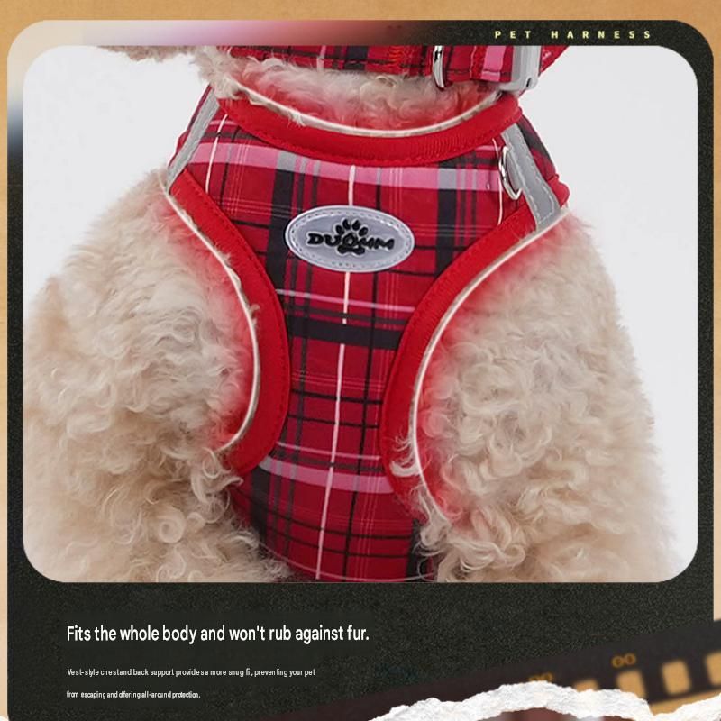 XXS Size Red Classic Plaid Dog Harness Set- Breathable Mesh Vest and Adjustable Collar, WIith 1.5m Lead for pet, Anti-Pull Design — image 4