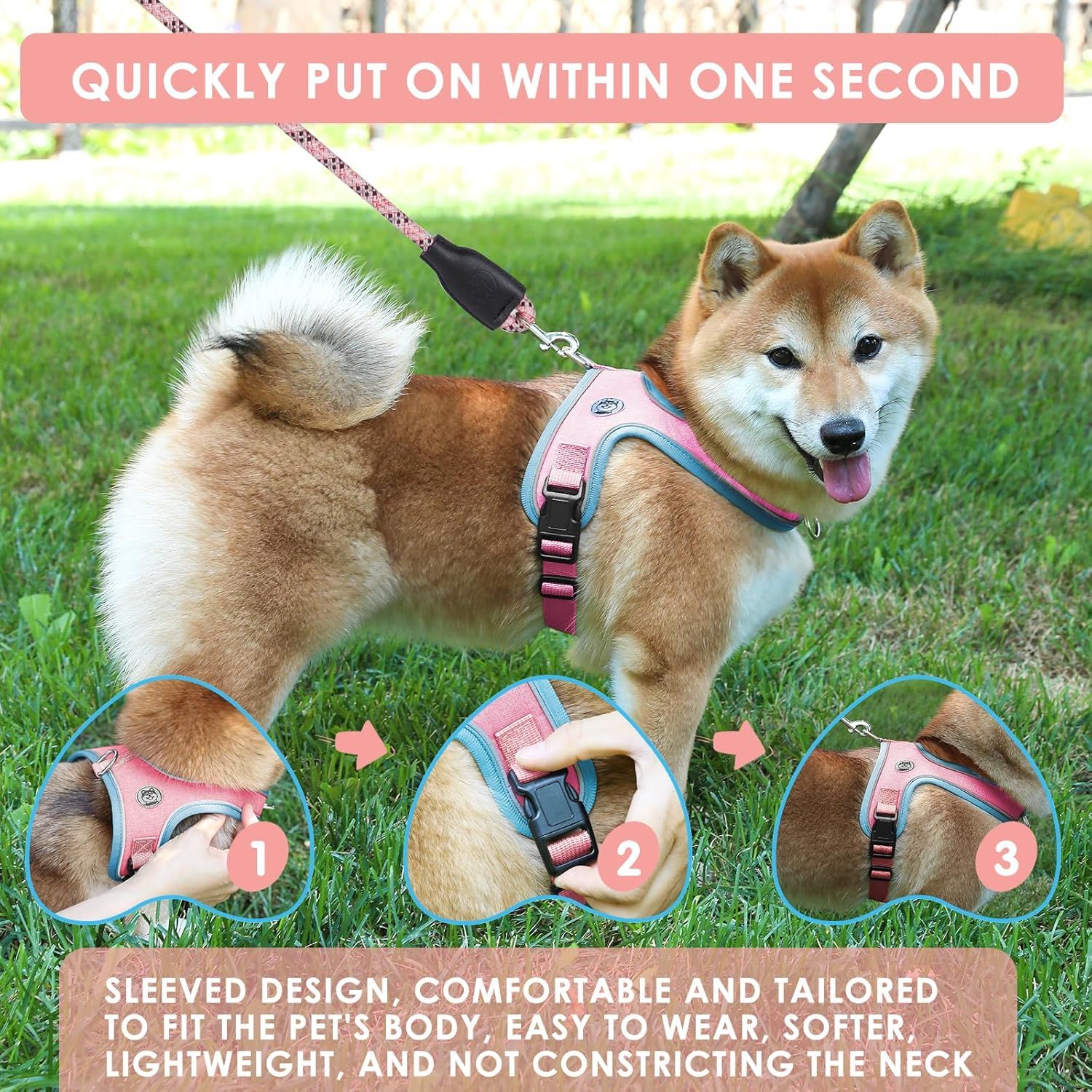XS Size Pink Waterproof Reflective Saddle-Style Dog Harness & 1.5M Leash Set - Breathable Anti-Choke Escape-Proof Step-In Walking Gear โ image 5
