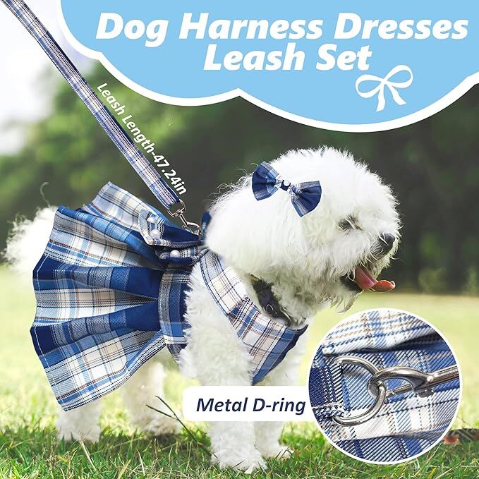 pet products Dog Dress Bowknot Harness Leash Set for Small Dogs Girl Cute Plaid Dog Dress Pearls Bow Tie Spring Summer Princess Clothes Birthday Holiday Doggie — image 3