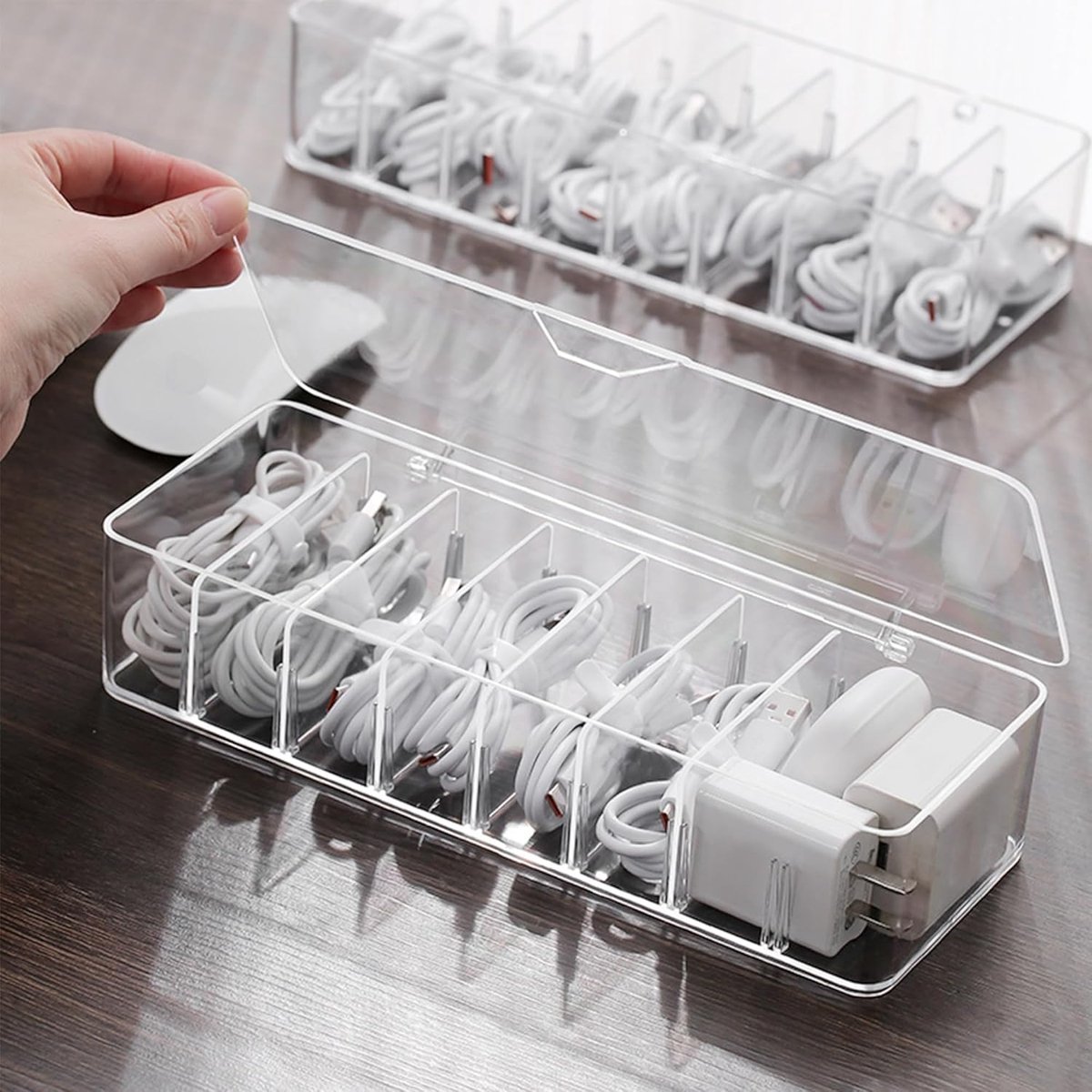 Cable storage box - Cable organizer with 10 cable ties - Cable storage box - Clear plastic storage box for office, workbench, living room, bedroom (large size — image 4