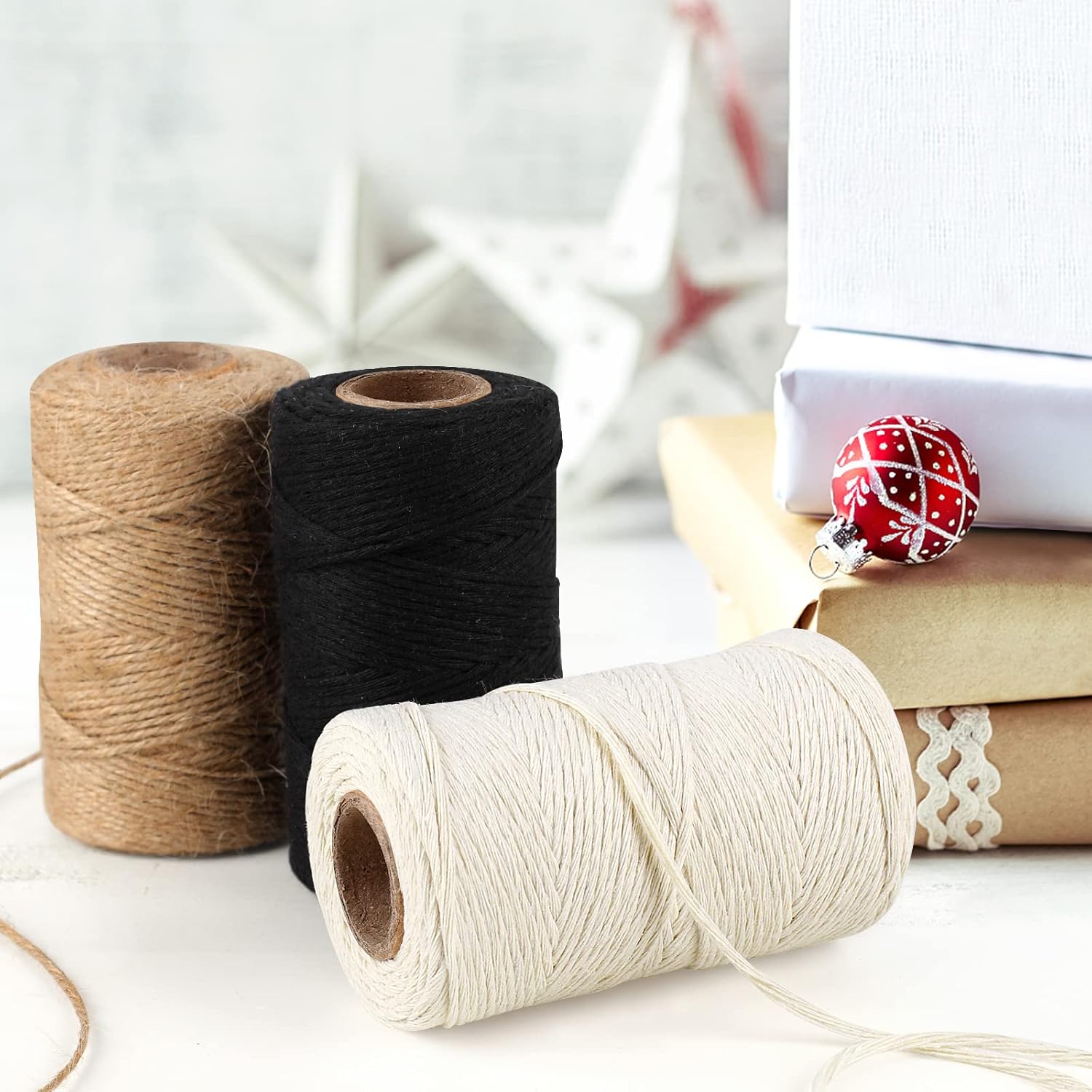 984 Ft Twine String, Natural Jute Twine, 2mm White Cotton Rope, 10ply Black Cotton for Crafts, Art, Gardening Plants, Gift Wrapping, Decoration, Packing String — image 4
