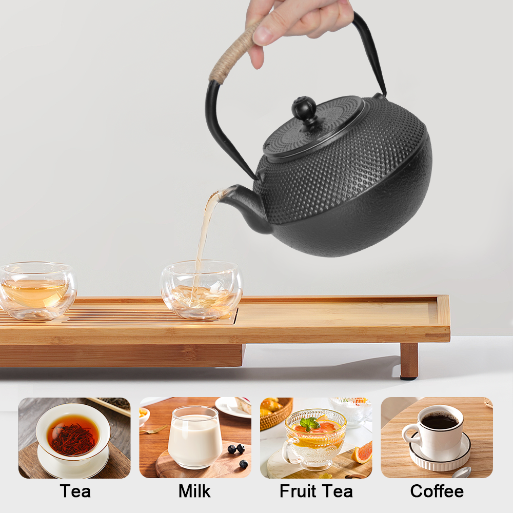1.2L Cast Iron Teapot and Warmer Set Tea Kettle Iron Bottle With Stainless Steel Mesh Infuser and Anti-Scald Handle Compatible with Multi-Heat Source Black — image 4