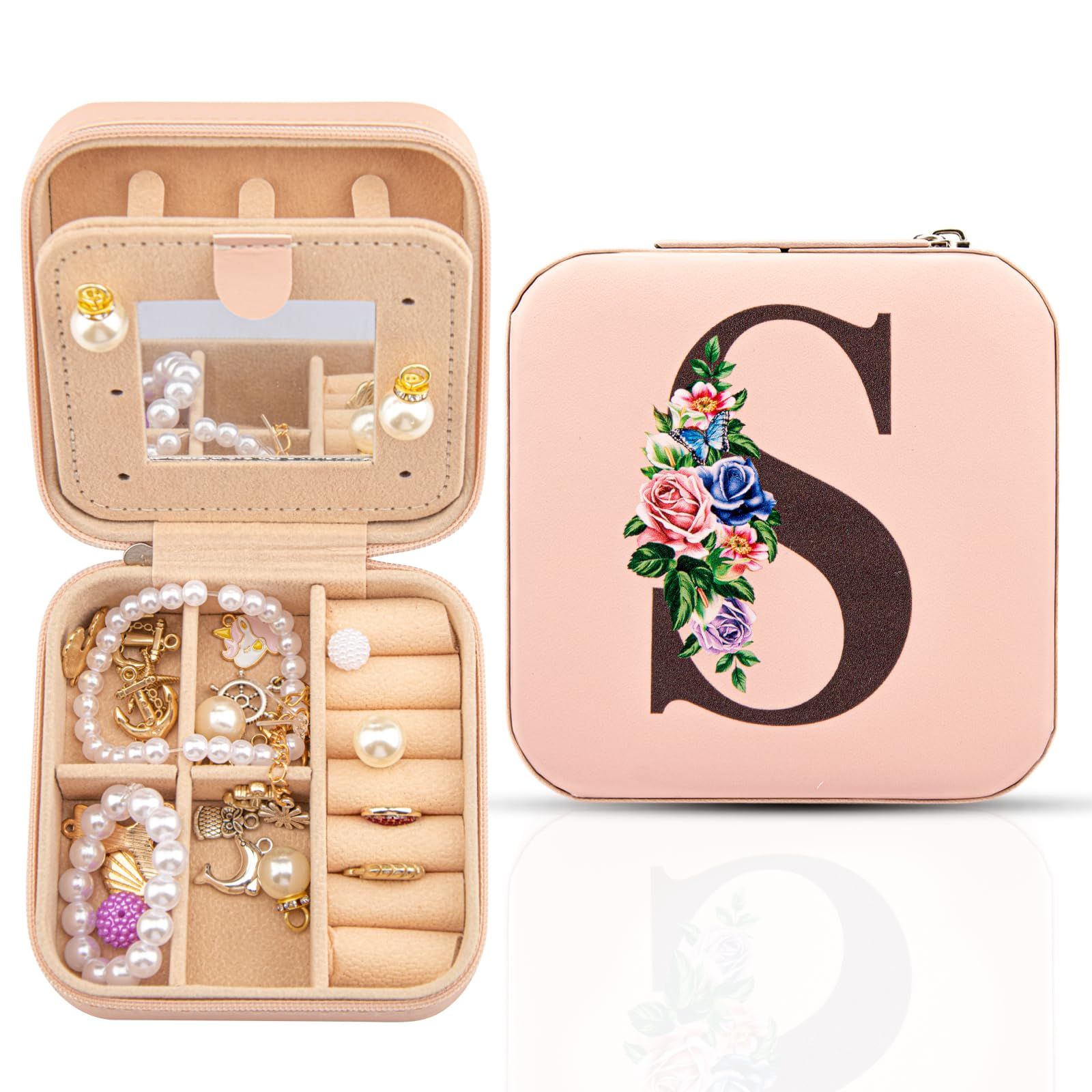 Travel Jewelry Box with Mirror, Travel Essentials Jewelry Holder Organizer, Ring Necklace Earring Organizer,Women and Girls,S