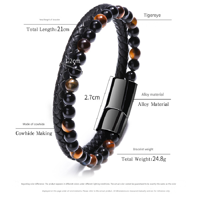 Natural Tiger Eye Stone Men's Leather Bracelet with Magnetic Clasp Beaded Braided Wristband Jewellery Gift 21cm โ image 4