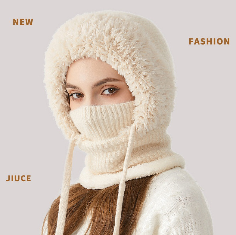 Winter Corn Velvet Hooded Scarf Mask Set - Thick Fleece Lined Knit Cap for Women - Warm Balaclava Neck Warmer for Extreme Cold - Beige