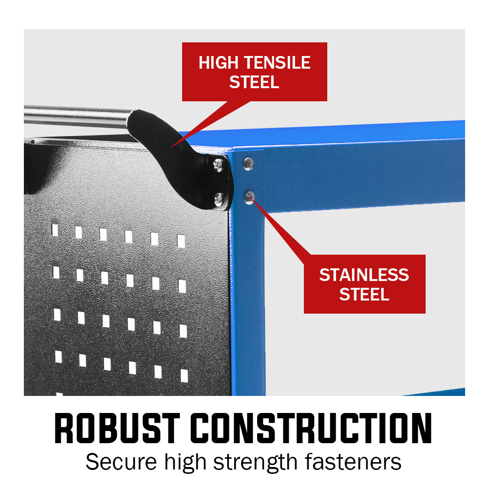 Bullet 3-Tier Steel Tool Trolley Cart, for Workshop, Mechanic, with Pegboard, Screwdriver Bay, Blue โ image 3