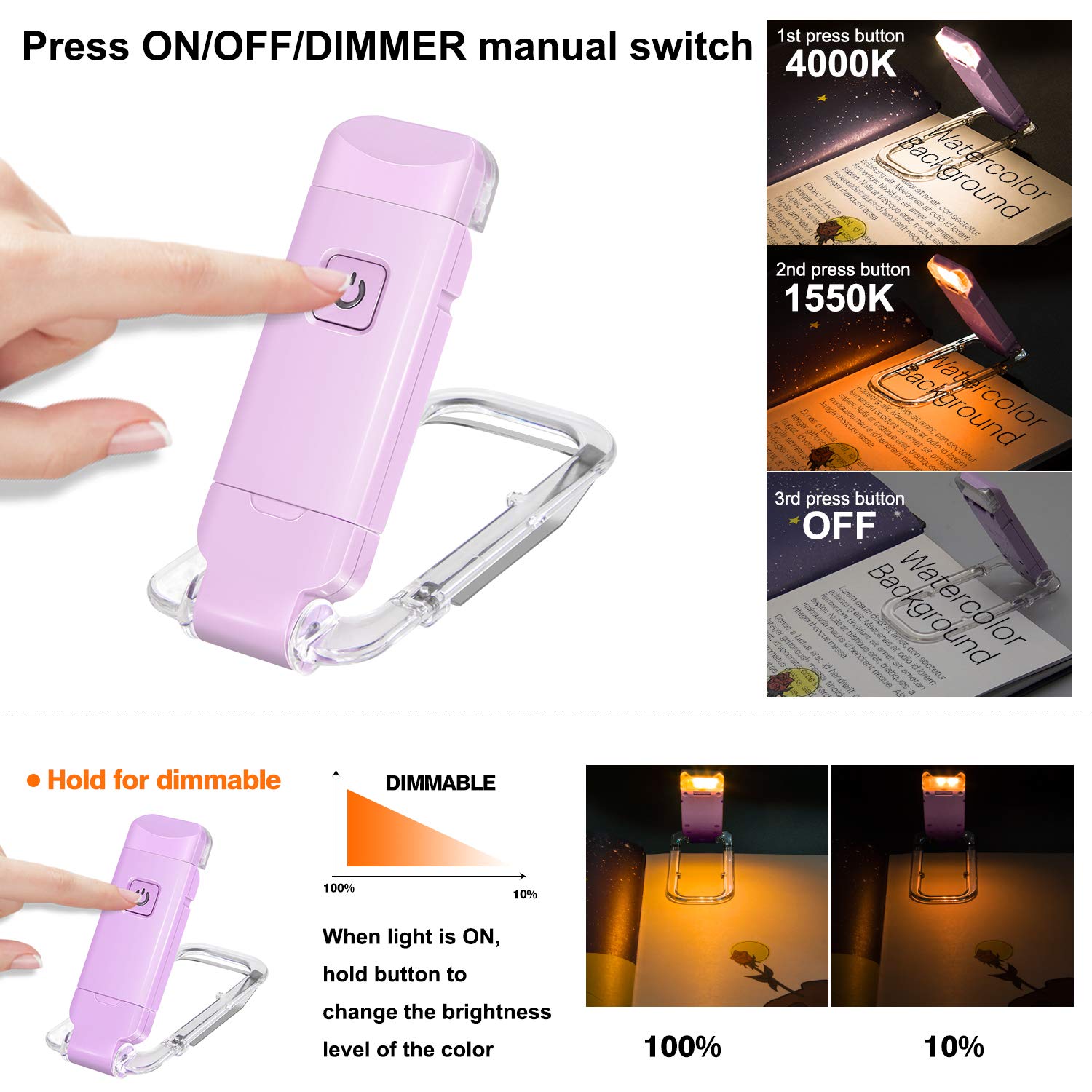 Rechargeable LED Book Light with Dimmable Warm White & Amber Modes – USB-Powered Clip-On Reading Lamp for Books, Sheet Music & Travel (Purple) — image 3