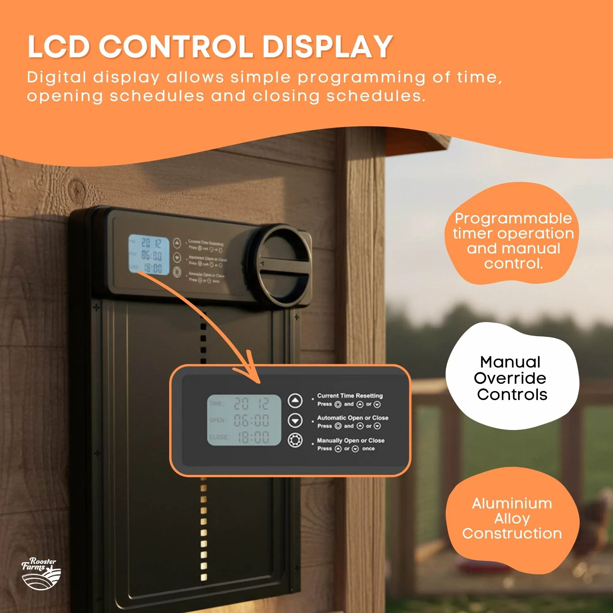 Rooster Farms Automatic Chicken Coop Door - Battery Timer Anti Pinch Safety — image 4