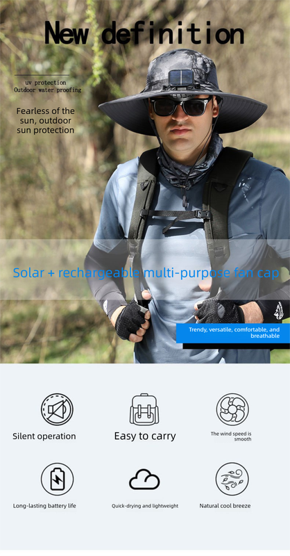 Dark Grey Dual Solar Fan Hat with Rechargeable Battery - Wide Brim UPF 50+ Sun Protection Bucket Hat for Fishing & Outdoor Work โ image 2