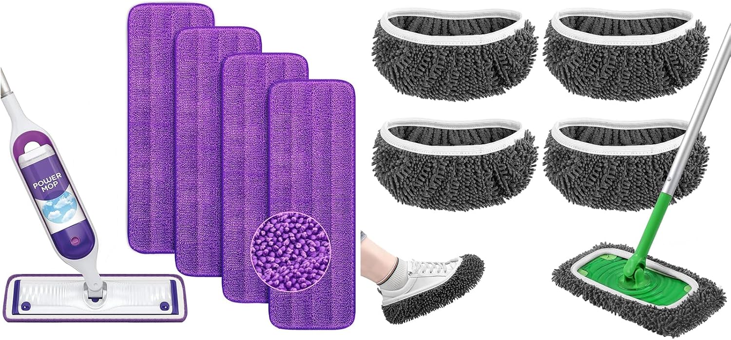 Reusable Power Mop Refills Pads Compatible with Swiffer PowerMop Mop 4 Pack & Reusable Wet Pads Refill Compatible with Swiffer Sweeper Mop 4 Pack (Mop is not