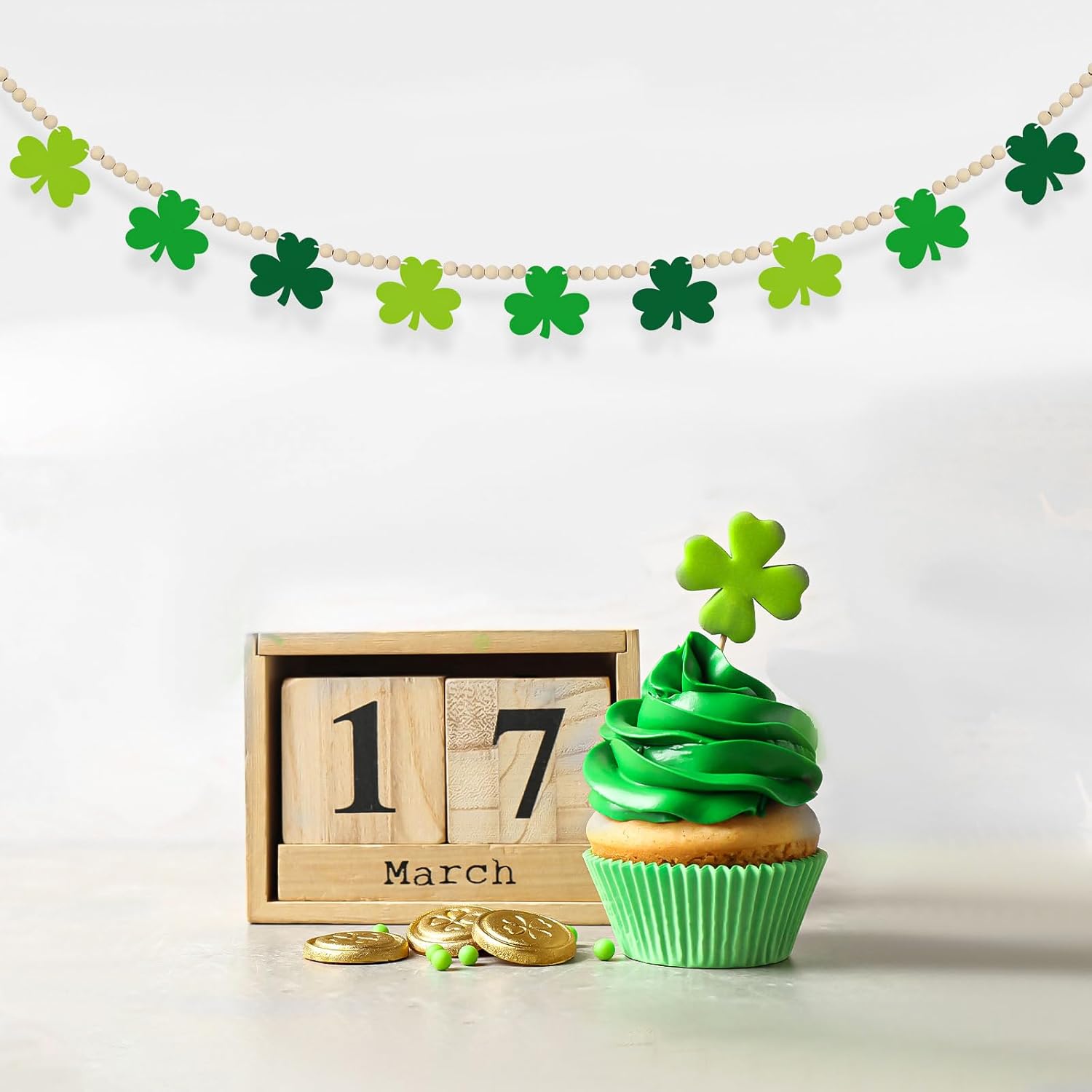 4.5 FT St.Patrick’s Day Shamrock Garland for Decorations, Wood Green Garland with Beads NO DIY, Clover St Patricks Banner Garlands for Mantle, Fireplace, Party — image 3