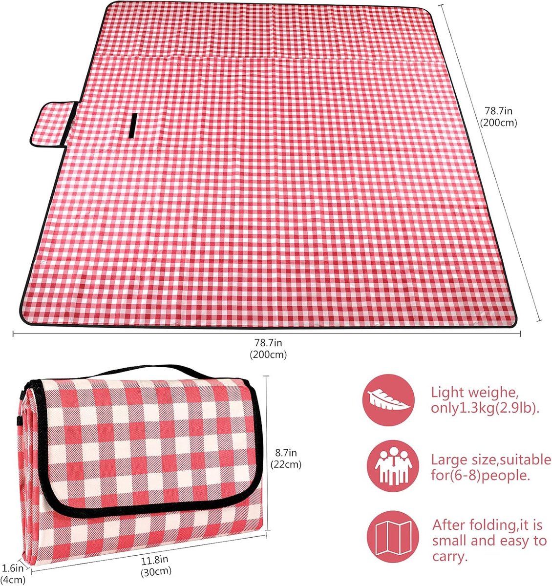 Picnic Blanket, Waterproof, Beach Blanket, Picnic Mat, Lightweight with Handle, Red Checked, Traveling, Outdoor Camping, Park โ image 2