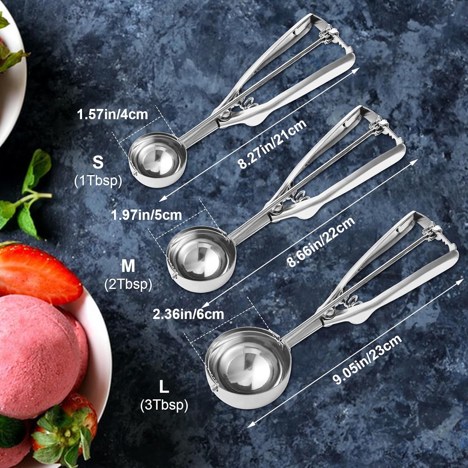 Cookie Scoop,Set of 3 Cookie Dough Scoops for Baking 1 Tbsp,2 Tbsp,3 Tbsp,Stainless Steel Ice Cream Scooper with Trigger Release for Cupcake,Ice — image 4