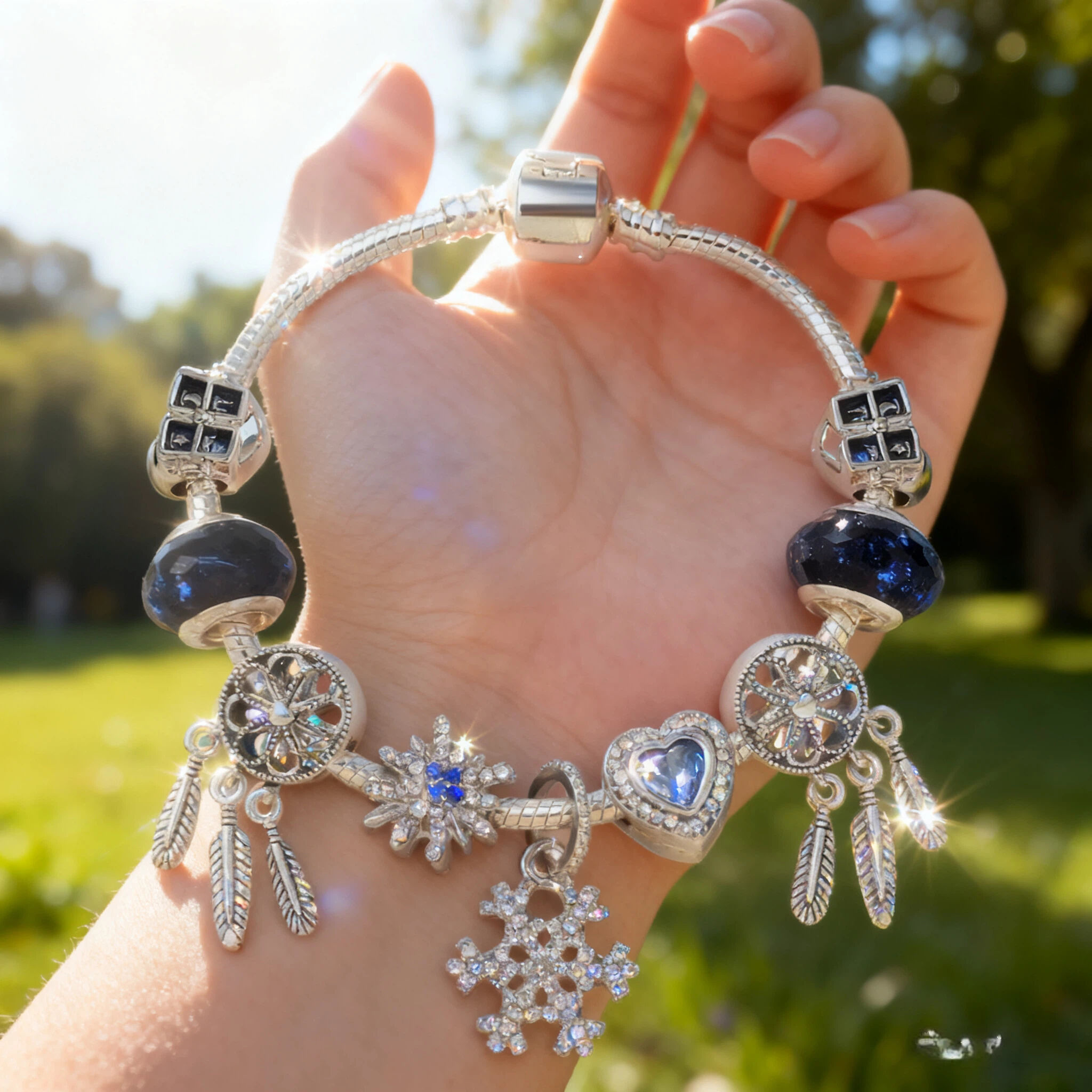 Pandora-Style Rhinestone Blue Cat’s Eye Heart Bracelet: Glass Beads, Dreamcatcher Feather Snowflake(20cm) — image 2