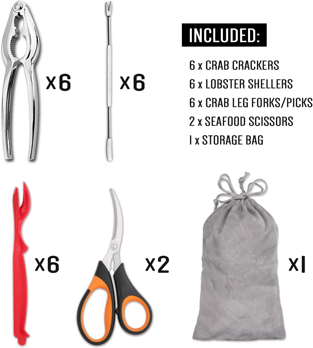 20-piece Seafood Tools Set includes 6 Crab Crackers, 6 Lobster Shellers, 6 Crab Leg Forks/Picks and 2 Seafood Scissors & Storage Bag - Nut Cracker Set โ image 2