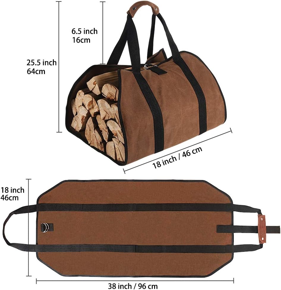 Firewood Carrier, 38in x 18in 16oz Waxed Canvas Log Carrier for Firewood, Wood Carrying Bag with Handles Securing Straps for Indoors Camping Trip, Gifts for โ image 2