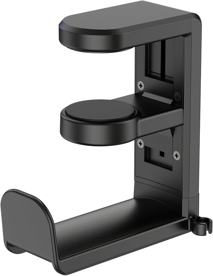Rotating Headphone Stand - PC Gaming Headset Holder, Adjustable Clamp-on Under Desk Hanger With 360 Degree Swivel & Cable Clip Organizer - Black