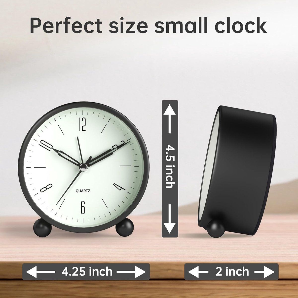4-Inch Black Silent Analog Alarm Clock with Night Light, Compact Battery-Operated Bedside Clock — image 4