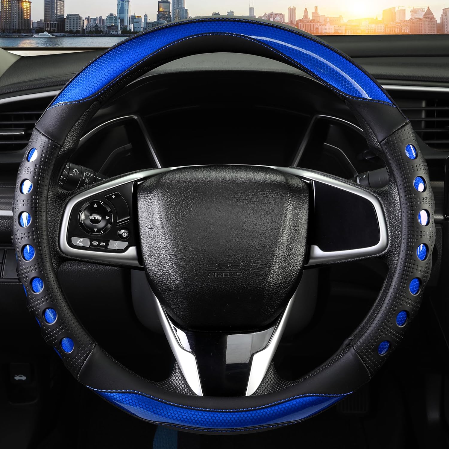 PU Leather Car Steering Wheel Cover with Non-Slip Grip, Suitable for Both Men and Women, Universal Fits 14.5-15 Inch Cars, Trucks, SUVs (Blue (Round), Medium — image 2
