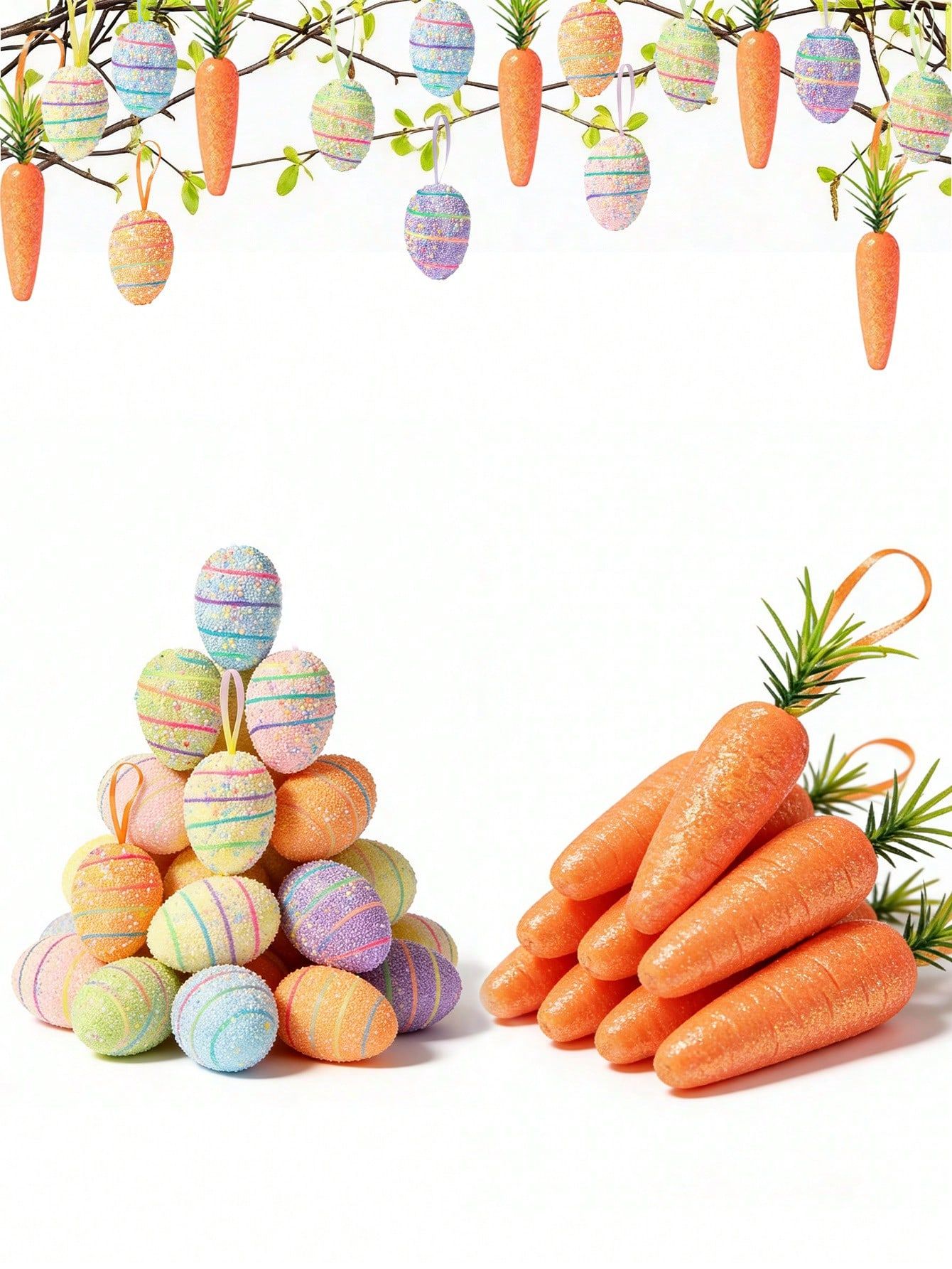 12Pcs Easter Egg+6Pcs Carrot Hanging Ornaments – Colorful Foam Glitter Eggs & Carrots, Easter Tree Decorations, DIY Crafts for Home Party, Spring Easter Decor — image 2