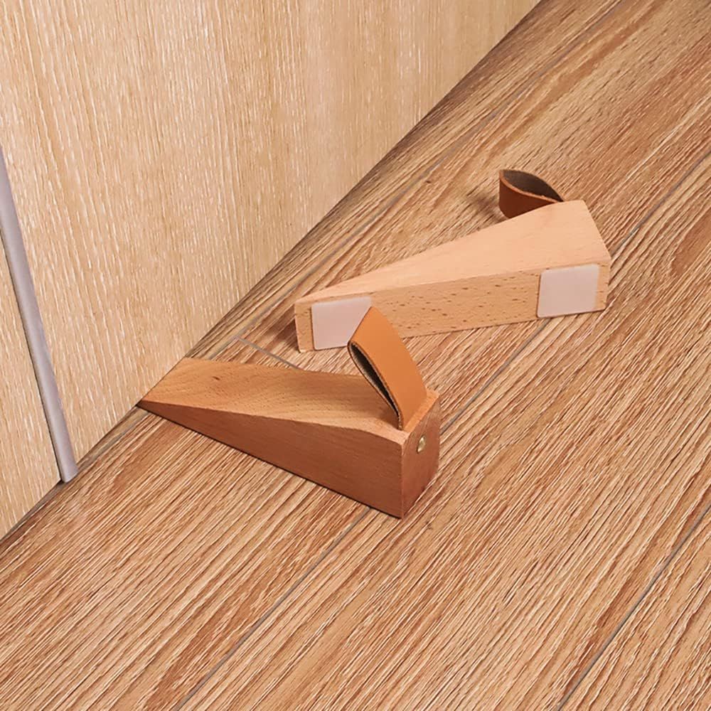 2Pack Wooden Door Stopper Non-Slip Security Wood Door Wedge with Leather Strap for Hanging Door Stopper, in House Bedroom Office Living Room Hotel Cabin（Beech — image 2